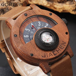 Unique Compass Turntable Number Design Mens Wooden Watch Men Brown Wood Leather Band Creative Natural Wood Wrist Watches Relogio